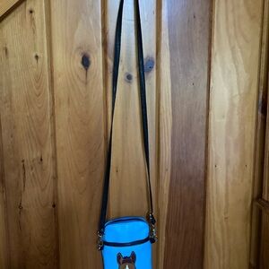 Crossbody faux leather blue, black with a brown horse outer storage zip closure